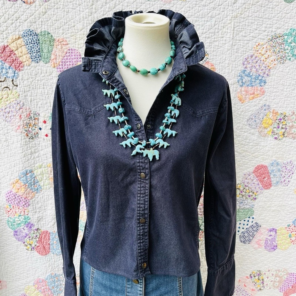 Upcycled Re-worked GAP Black Stretch Denim Snap Western Ruffle Collar Shirt M